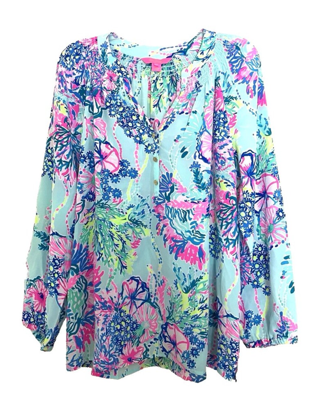 Lilly Pulitzer Elsa Silk Blouse Top Size Large Beach You to It Long Sleeves NEW